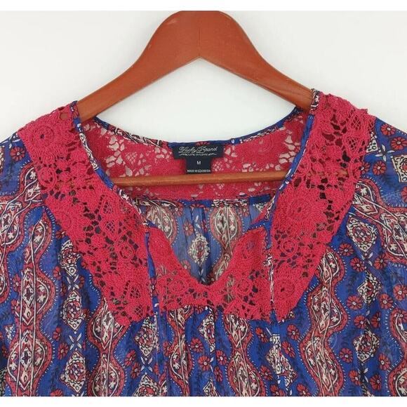 Lucky Brand Peasant Top Womens Medium Blue Sheer Lace Crochet Boho Vibe - Picture 4 of 13